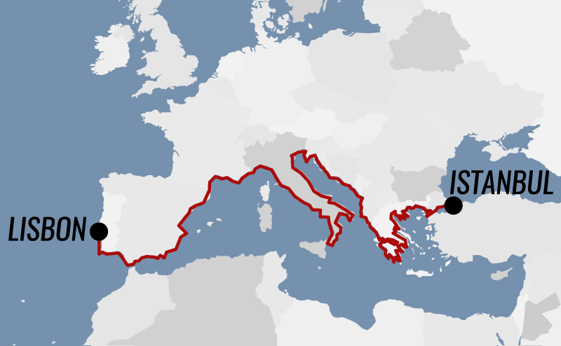 Exploring mediterranean culture by bicycle Map showing overland bicycle Lisbon to Istanbul trip following the coast