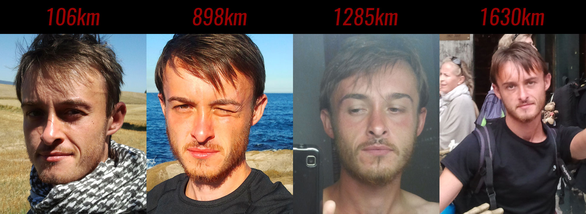 Four pictures of me during 1630km walk