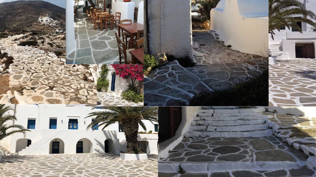 The traditional paved ways of Sikinos with thick white cement lines separating slabs of stone